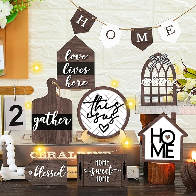 11 Pcs Home Tiered Tray Decor Spring Rustic Farmhouse Tiered Tray Decorations Set Home Wooden Signs Vintage Farm Animal Farmhouse Tabletop Wood Signs for Kitchen Table Shelf Decor