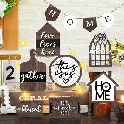 11 Pcs Home Tiered Tray Decor Spring Rustic Farmhouse Tiered Tray Decorations Set Home Wooden Signs Vintage Farm Animal Farmhouse Tabletop Wood Signs for Kitchen Table Shelf Decor