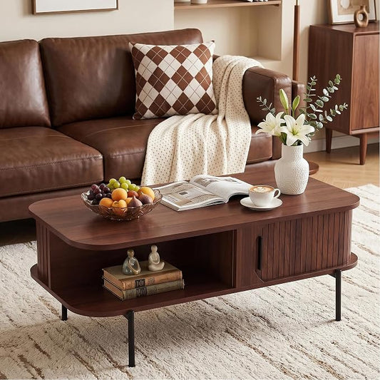 VECELO Coffee Table,40" Mid Century Coffee Tables with Open Storage Shelf,Fluted Table with Sliding Tambour Door,Farmhouse Wooden Tables Center Table for Living Room,Home Office,Walnut Brown