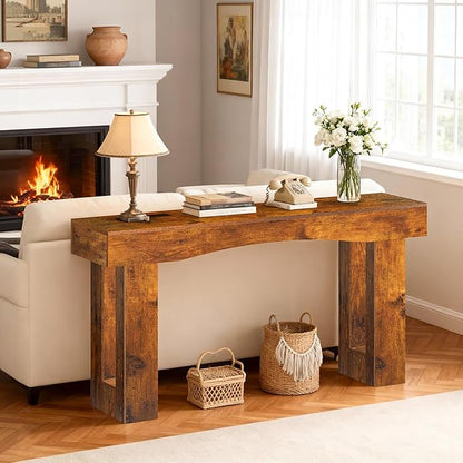 63 Inch Long Entryway Table Hollow, Wooden Console Table with Socket Farmhouse Sofa Table for Entrance, Hallway, Living Room,Behind Couch(Rustic Brown)