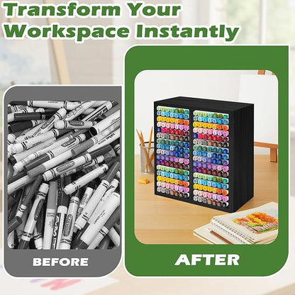 PROLEE Marker Storage Organizer for 224 Markers,Wooden Alcohol Marker Holder with 32 Slots,Markers Pens Pencils Art Supply Storage Rack for Desk Home Classroom Office Decor (Black, 15“x11”x5.2 “)
