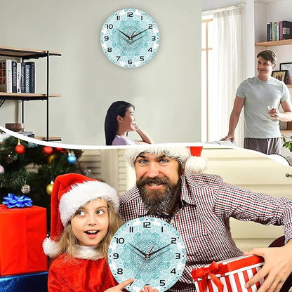 Teal Mandala Flower Wall Clock, Silent Non-Ticking, Battery Operated, Wooden Decorative Round Clock with Arabic Numerals, 10 Inch