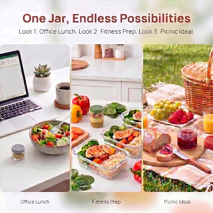 EONJOE 2 oz Glass Dressing Containers To Go Sauce Cups Mini Condiment Dip Jars with Lids Lunch Box Accessories,6-Pack