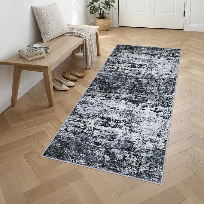 Washable Area Rug 3x8 Entryway Rug: Washable Modern Abstract Soft Thin Rug Indoor Floor No Slip Stain Resistant Carpet for Bedroom Dining Room Farmhouse Nursery Home Office - Black