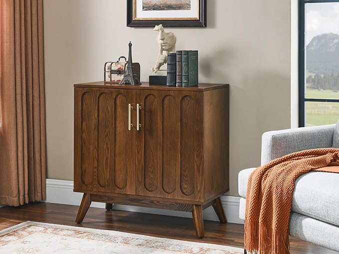 LKTART Sideboard Buffet,Mid Century Modern Storage Cabinet with Doors and Shelves, Boho Style Wooden Buffet Cabinet for Living Room,Walnut