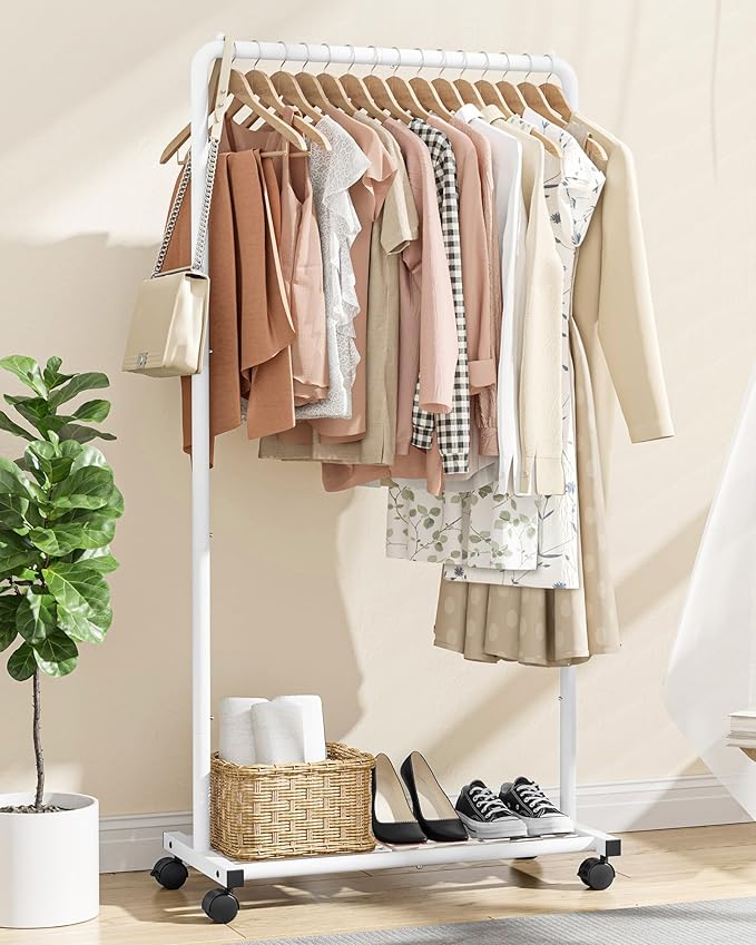 Clothes Rack - Clothing Rack with Storage Mesh Shelf & Casters, Heavy-Duty Metal Clothing Rack for Hanging Clothes, Dresses, Coats, Large Load Capacity, Easy Assembly, White, 28.0"x16.9"x59.0"