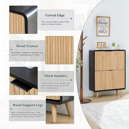 Narrow Shoe Cabinet Storage for Entryway,Slim Shoe Cabinet with 2 Flip Drawers, Fluted Shoes Rack Organizer (Natural with Black, 2 Drawers)