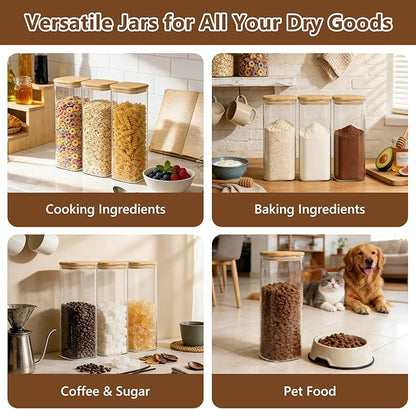 KEYWING 72oz Glass Spaghetti Pasta Storage Containers with Lids, 3-Pack Tall Square Airtight Food Jars for Pantry Noodles Flour Oats Cereal Sugar Beans