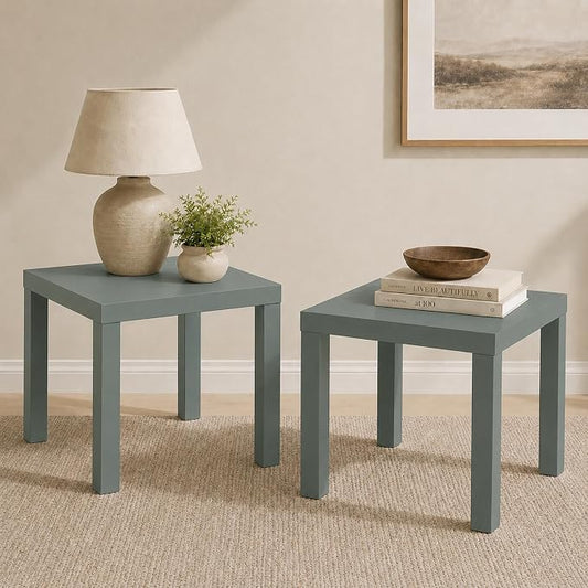 Furinno Classic Toolless Assembly Square Side Table Set of 2, Green End Table with 1.8 Thick Tabletop, Night Stand, Bedside Table, for Living Room, Bedroom, Light Sage