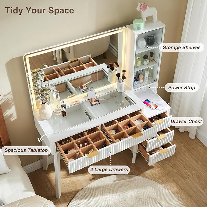 RedLemon 48" Fluted Vanity Desk with 36" Large HD Mirror and Lights, Modern Wood Glass Tabletop Makeup Table with Adjustable Storage Shelves, 5 Drawers, Charging Station for Bedroom, Off White