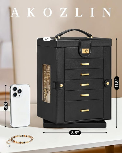 AKOZLIN Jewelry Box 6-Tier Organizer Functional 360° Rotating Jewelry Storage Case for Women Girls Ring Necklace Earring Bracelet Holder with Mirror