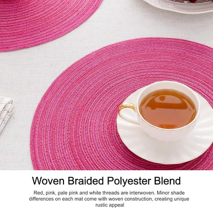 SHACOS Round Braided Placemats Set of 6 Cotton Polyester Woven Place Mats 15 inch Washable Table Mats for Kitchen Dining Tables (Hot Pink, 6)