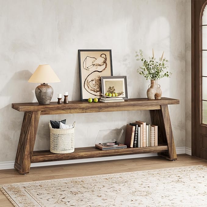 70.87-Inch Console Table for Entyrway, Extra Long Sofa Table Behind Couch, Farmhouse 2-Tier Entry Table for Hallway, Foyer, Rustic Brown