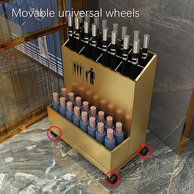 SEIFE Movable Commercial Metal Large Capacity Umbrella Holder With removable drain tray,Can hold 30 umbrellas，Indoor Entryway Umbrella stand，For Hotel,Offices,home(Gold)