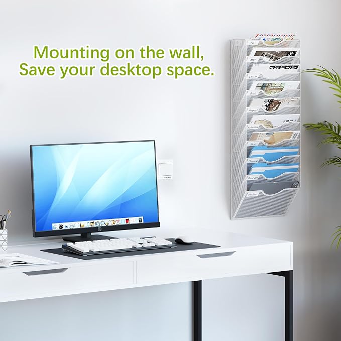 EasyPAG 10 Pocket Mesh Wall File Organizer, Hanging Paper Folder Holder with Classify Label, Vertical Wall Mount Mail Organizer for Office Home Classroom, White