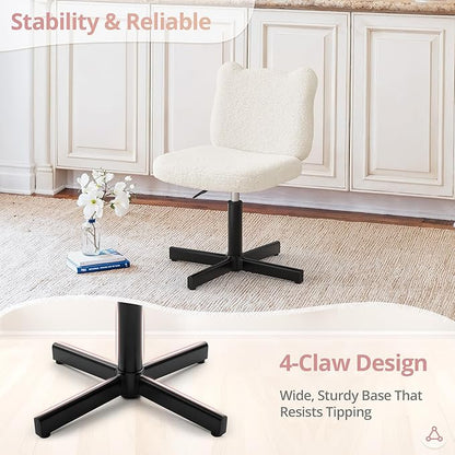 LUE BONA Adjustable Vanity Stool Chair with Girly Bear Ear Wide Back, 360° Swivel Vanity Stool for Makeup Room, Upholstered Teddy Velvet Ottoman for Girls, 350lbs, Beige