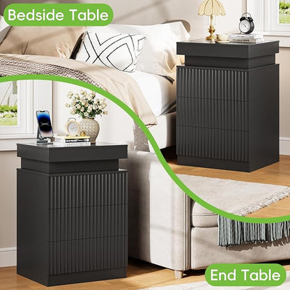 Nightstand with Charging Station & LED Lights, Modern Small Fluted Bedside & End Table with 3 Drawers, Sliding Top & Hidden Storage, Wooden Farmhouse Night Stand for Bedroom Office or Sofa, Black