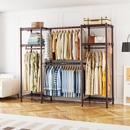 Ulif E7 Garment Rack, Heavy Duty Clothes Storage System with Extendable Hangers Rods, Metal Clothing Rack with 6 Wire Shelves, (52.3"-72") W x 14.5" D x 71.2" H, Load 838lbs, Bronze