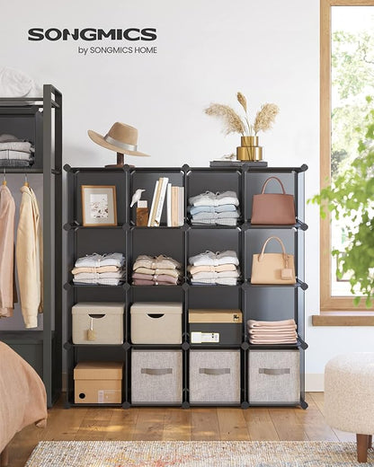 SONGMICS Cube Storage Organizer, Set of 16 Plastic Cubes, Closet Organizers and Storage, Room Organization, Bedroom Living Room, 12.2 x 48.4 x 48.4 Inches, Gray ULPC442G01