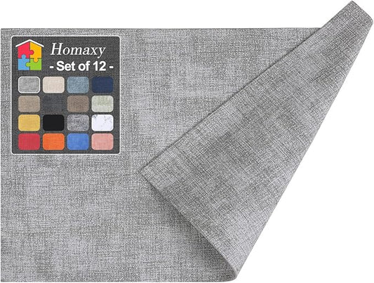 Homaxy Faux Leather Heat Resistant Placemats for Dining Table Set of 12, Waterproof Wipeable Washable PU Table Mats, Easy to Clean Anti-Slip Place Mats, 11.8" x 17", Light Grey