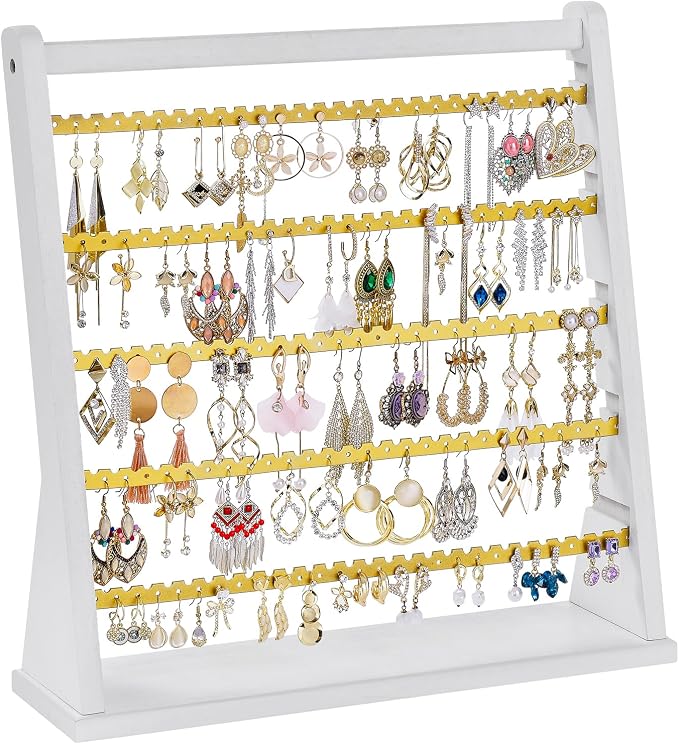 Poyilooo Earring Organizer Stand, Rustic Wood Earring Holder Rack, 5 Layer Jewelry Holder Organizer with 270 Earring Tree Holes Display for Stud Earings & Hoop Earrings, Gifts for Women (White&gold)