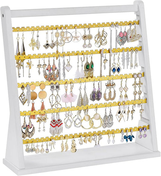 Poyilooo Earring Organizer Stand, Rustic Wood Earring Holder Rack, 5 Layer Jewelry Holder Organizer with 270 Earring Tree Holes Display for Stud Earings & Hoop Earrings, Gifts for Women (White&gold)