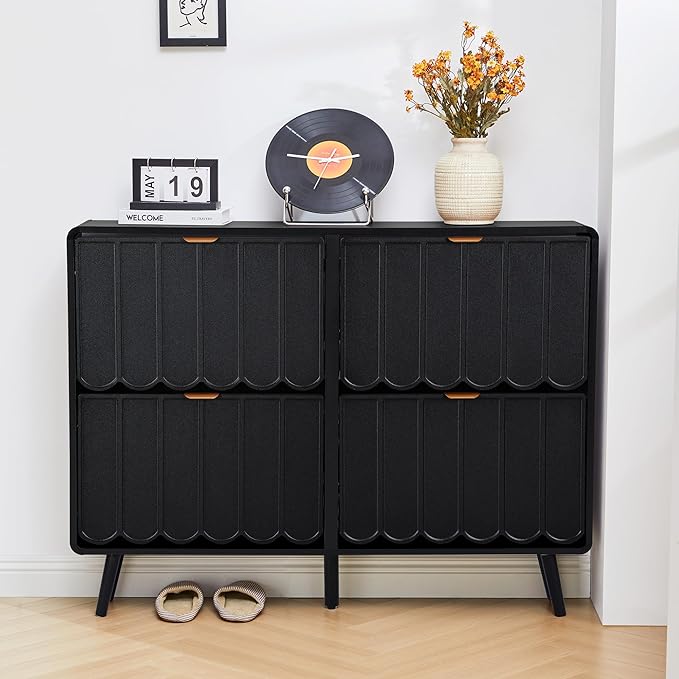 Shoe Storage Cabinet for Entryway with 4 Flip Drawers, Freestanding Narrow Wood Shoe Cabinet with Wave Panel, Hidden Shoe Organizer for Foyer, Hallway (Black)