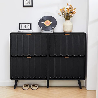 Shoe Storage Cabinet for Entryway with 4 Flip Drawers, Freestanding Narrow Wood Shoe Cabinet with Wave Panel, Hidden Shoe Organizer for Foyer, Hallway (Black)
