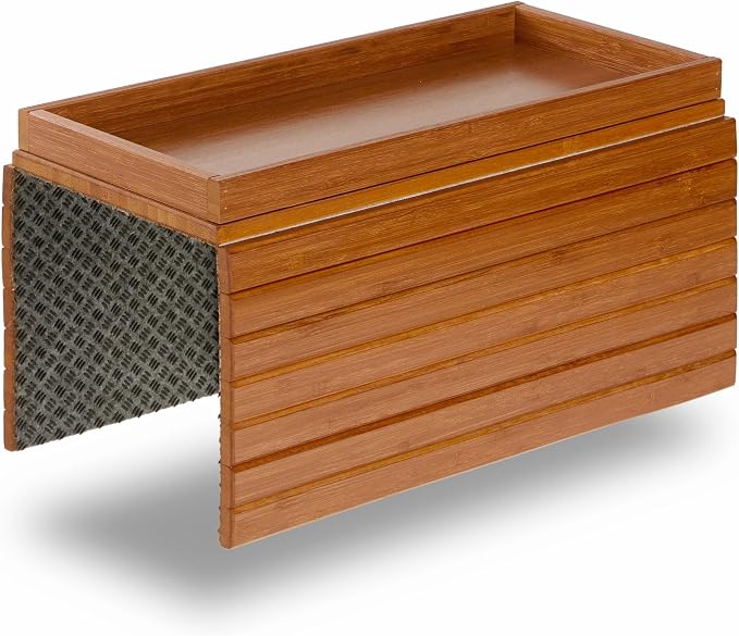 DETOR Couch Arm Tray with Spacious 12.4" x 5.4" Storage Box, Acacia Stained Bamboo Finish, Enhanced Non-Slip Felt Bottom, Sturdy Bamboo Slats, Fits Armrests 6" and Wider