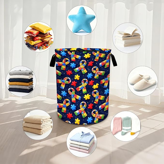 Autism Laundry Basket Waterproof Laundry Hamper Foldable Laundry Bag with Handles for Bedroom, Bathroom, Office, Clothes Storage