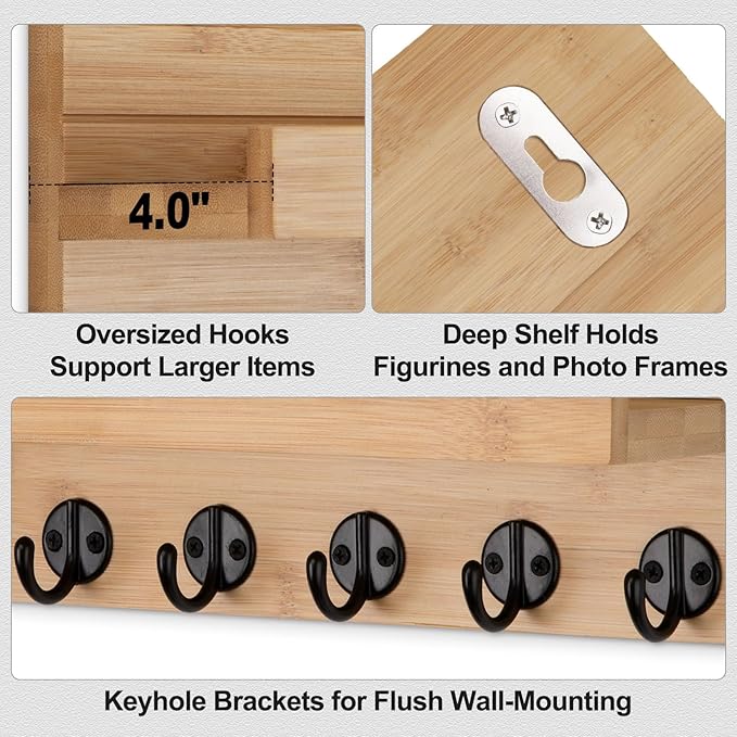 Key Holder Wall Mount, Entryway Key and Mail Holder with 7 Sturdy Hooks for Sunglasses, Dog Leash, Decorative Wall Shelf with Mounting Hardware, 15”W x 6.7”H x 4.2”D