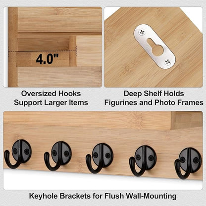 Key Holder Wall Mount, Entryway Key and Mail Holder with 7 Sturdy Hooks for Sunglasses, Dog Leash, Decorative Wall Shelf with Mounting Hardware, 15”W x 6.7”H x 4.2”D