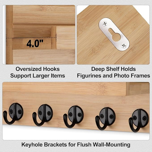 Key Holder Wall Mount, Entryway Key and Mail Holder with 7 Sturdy Hooks for Sunglasses, Dog Leash, Decorative Wall Shelf with Mounting Hardware, 15”W x 6.7”H x 4.2”D
