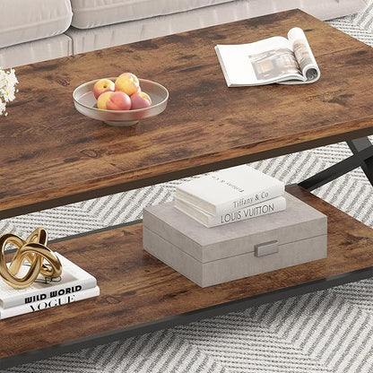 HSH Wood Coffee Table with Storage, Farmhouse Rustic Brown Coffee Table for Living Room, Modern Minimalist 2 Tier Center Table, Simple Rectangle Cocktail Tea Table in Home Office Bedroom, 39 Inch
