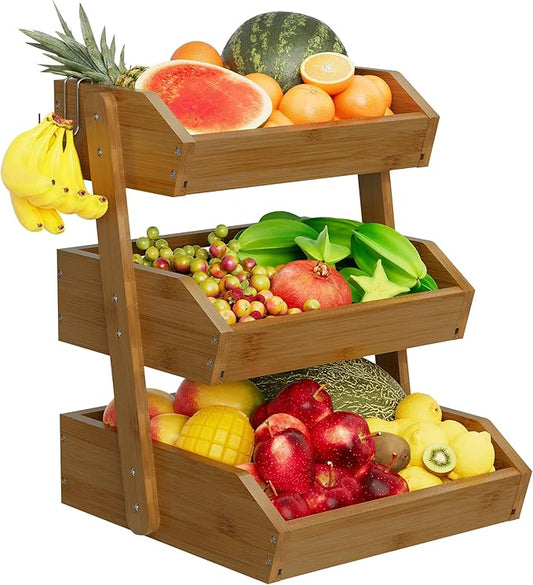 Hellojin 3 Tier Fruit Basket For Counter, Large Capacity Fruit Storage Countertop, Fruit Holder, Wooden Pantry Organizers and Storage, Kitchen Countertop Organizer With Two Banana Hangers (Walnut)