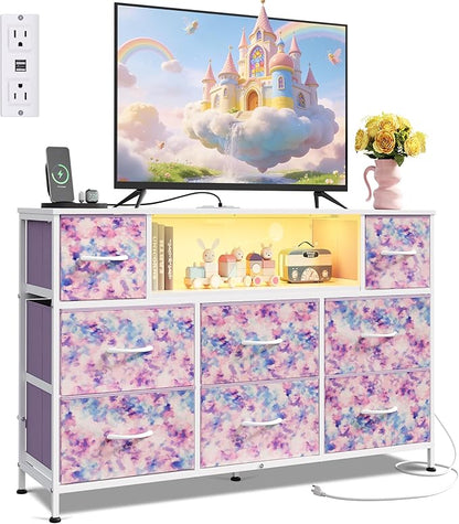 WLIVE Dresser TV Stand for 45, 50, 55 inch TV, Entertainment Center with LED Lights & Charging Station, Chest of Drawers with 8 Fabric Drawers for Living Room, Tie-dye Print (Pink, Purple, Blue)