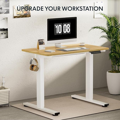 FLEXISPOT EN1 One-Piece Standing Desk, 40"x24" Seamless Desktop Electric Height Adjustable for Home Office, Study Rooms & Multi-Device Workstations, Maple(White Frame)