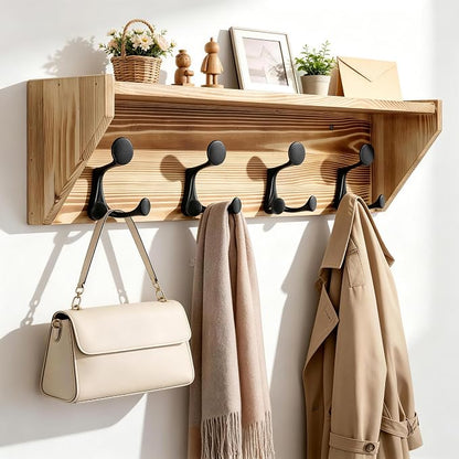 SKOLOO Wall Shelf with Hooks, 24-Inch Coat Rack Wall Mount with Shelf Organizer - Heavy Duty, 4 Tri Hooks - Perfect for Entryway, Hallway, Living Room, Bedroom, Mudroom, Wood Brown & Black