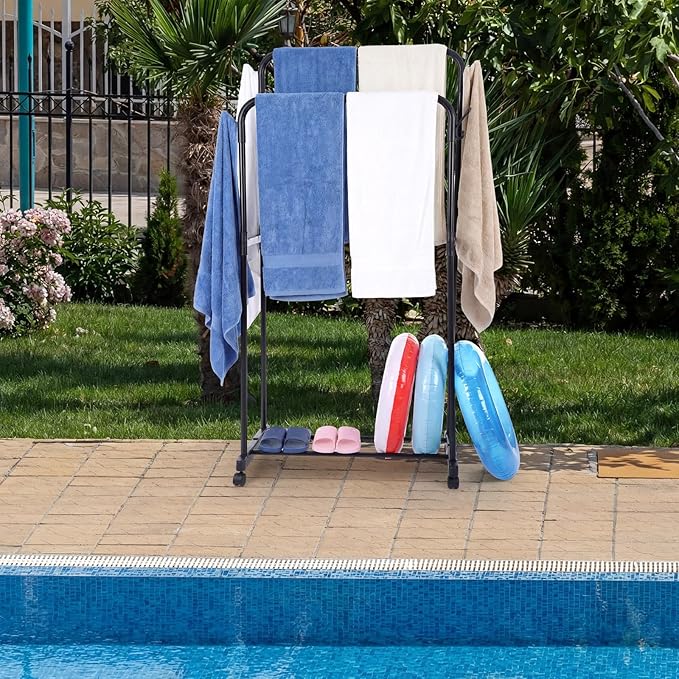 57" H Pool Towel Rack with Wheels for Outdoor 2-Tier Free Standing Towel Drying Rack Metal Heavy Duty Bathroom Pool Accessory Blanket Ladder Storage for Outdoor Spa Bathroom