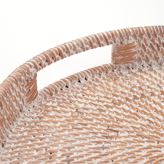 Round Rattan Serving Tray Decorative Woven Ottoman Trays with Handles for Coffee Table White (Small 11.8 inch x 2 inch)
