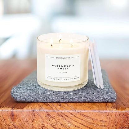 Calyan Wax Co. Rosewood & Amber 3 Wick Scented Candle - 43 Hour Burn - Luxury 3 Wick Soy Candles - Non Toxic Soy Wax Candles - Long Lasting Large Glass Jar Candle for Home - 14.9oz