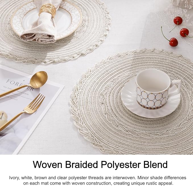SHACOS Boho Round Placemats Set of 8 Braided Border Round Place Mats 15 inch Washable Dining Table Mats for Home Wedding Holiday Party (Ivory Bordered, 8)