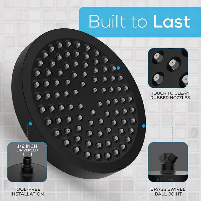 SparkPod Rain Shower Head, 6 Inch Round | High Pressure Shower Heads, 90 Nozzle (Touch-to-Clean), Adjustable Showerhead, No-tool Universal Connection