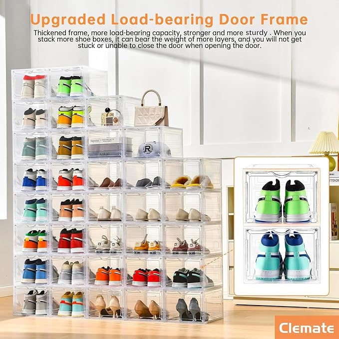 Clemate Upgraded X-Large Shoe Storage Box,8 Pack,Shoe Box Clear Plastic Stackable,Drop Front Shoe Box with Clear Door,Shoe Organizer and Shoe Containers For Sneaker Display,Fit up to US Size12