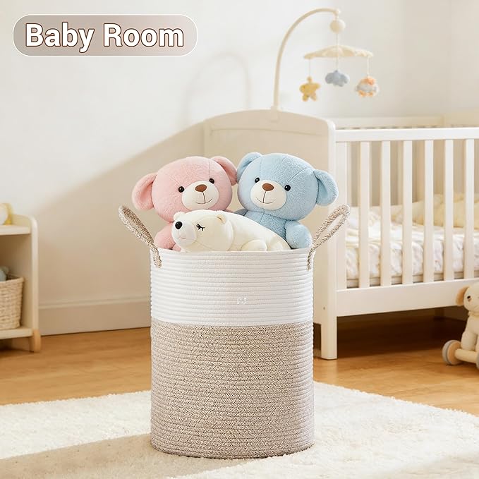 Tall Laundry Basket with Handles, 53L Portable Dirty Clothes Hamper, Boho Cotton Rope Storage Bin for Blankets Kids Toys Gifts, Decorative Organizer for Baby Nursery Bedroom Bathroom, Brown