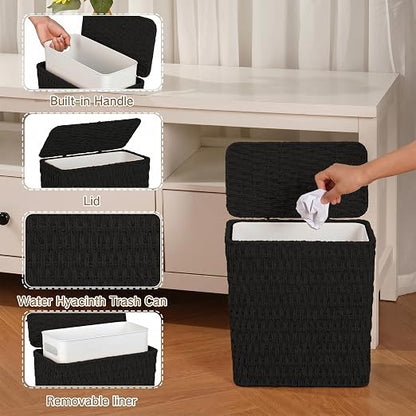 iEGrow Paper Rope Trash Can,Bathroom Trash Can with Lid, 3 Gallon Wicker Waste Basket with Removable Liner, for Bedroom, Living Room, Toilet, Under Sink Black