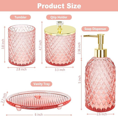Haturi Pink Bathroom Accessories Set, 4 Pcs Glass Bathroom Accessory Set Complete w/Soap Dispenser, Toothbrush Holder, Qtip Holder, Vanity Tray, Gold Bathroom Set Decor, Gift for Girl Home Apartment