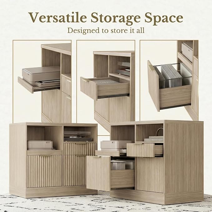 3 Drawer File Cabinet, Fluted Filing Cabinet for Home Office with Charging Station, Wooden Office Cabinet Fits for A4/Letter-Sized Files, Printer Stand with Storage Shelves, Light Oak