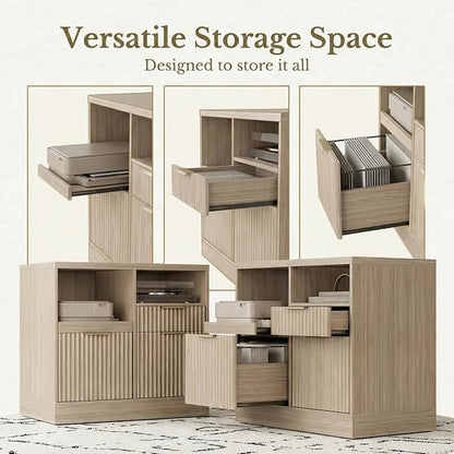 3 Drawer File Cabinet, Fluted Filing Cabinet for Home Office with Charging Station, Wooden Office Cabinet Fits for A4/Letter-Sized Files, Printer Stand with Storage Shelves, Light Oak