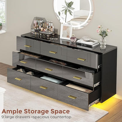 9 Drawer Dresser for Bedroom, 55'' W Highly Reflective Modern Chest of Drawers with LED Light, Wooden Dresser Organizer Cabinet for Living Room, Entryway (Black)